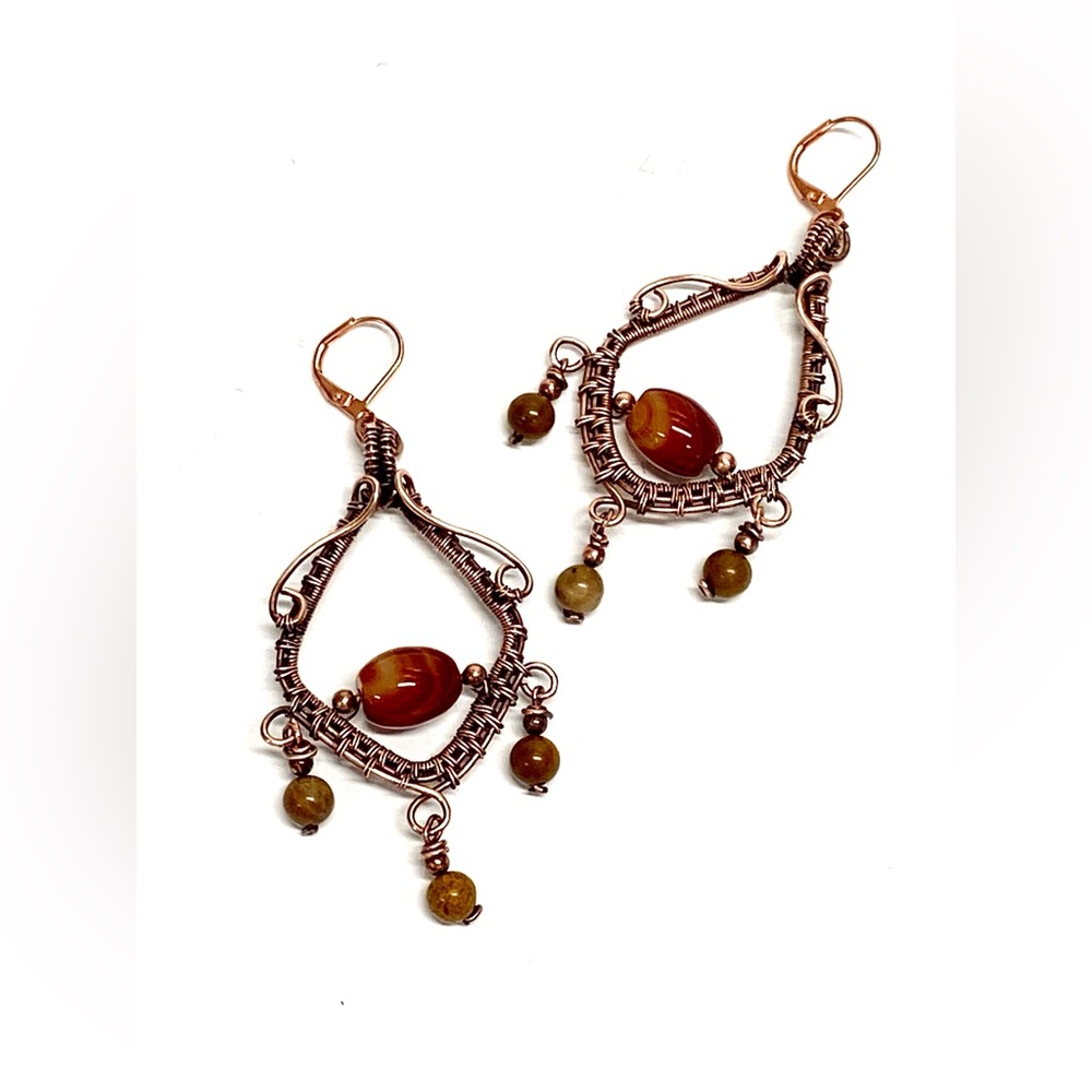 HANDMADE Carnelian and Jasper Hand Wrapped Copper Chandelier Statememt Earrings
